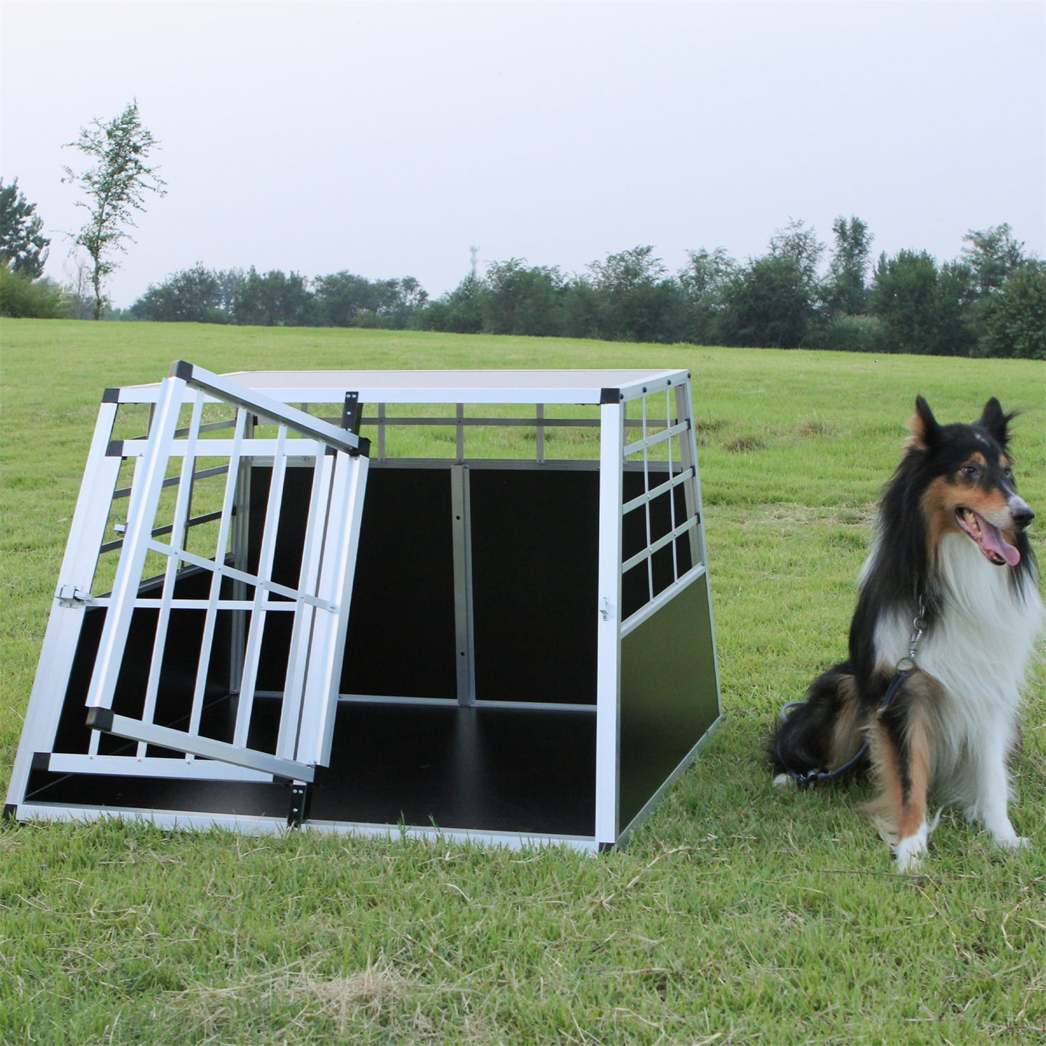 Pefilos Double Doors Pet Car Transport Cage Carriers, Lightweight Aluminum Dog Cage, Trapezoidal Kennel Design for Small and Medium Dogs, Silver Pefilos Double Doors Pet Car Transport Cage Carriers, Lightweight Aluminum Dog Cage, Trapezoidal Kennel Design for Small and Medium Dogs, Silver