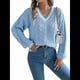 thumbnail image 2 of Suéter Informal de Larga con Cuello en V para Mujer, Jersey de Rayas Moderno de Punto , Suéteres Preppy. Azul M, 2 of 10