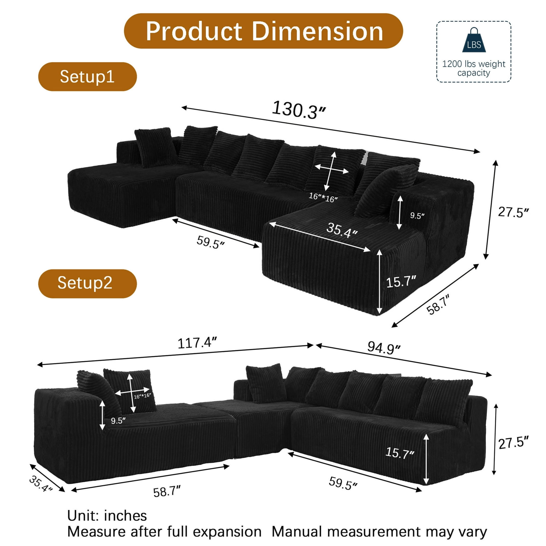 SEENYOO 130" Boneless Sectional Sofa, Cloud Couches for Living Room, U-Shaped 4-Seat Modular Sofa with Chaise, Oversized, No Assembly, Black