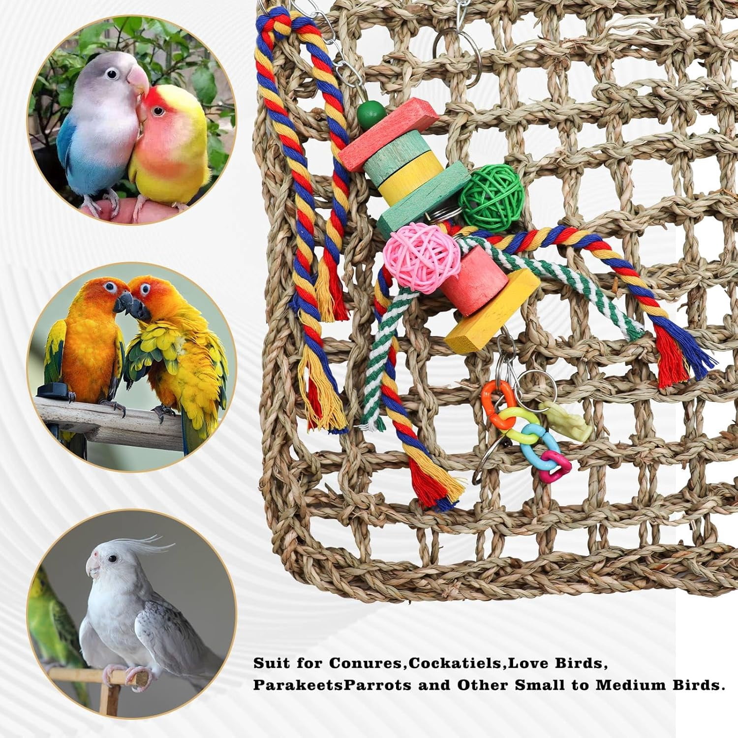 Bird Swing Toys, Colorful Parrot Seagrass Mat Hammock with Blocks, Foraging Toy, Cage Accessories for Small to Medium Birds