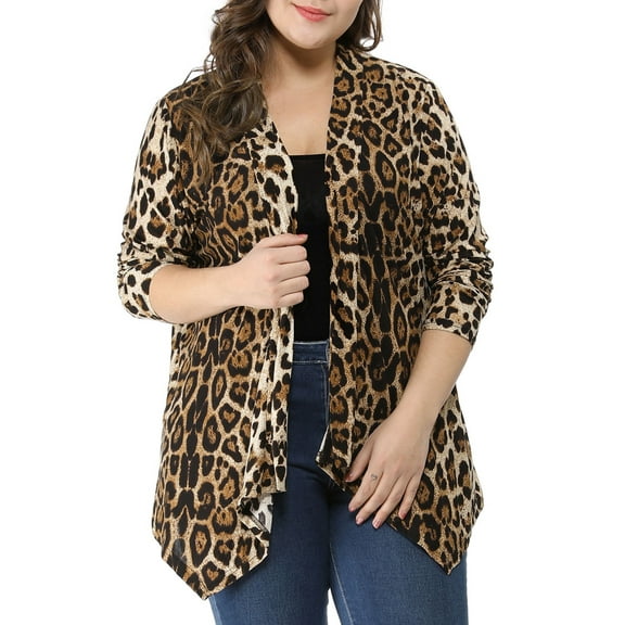 Agnes Orinda Women's Plus Size Asymmetric Hem Open Front Leopard Cardigan