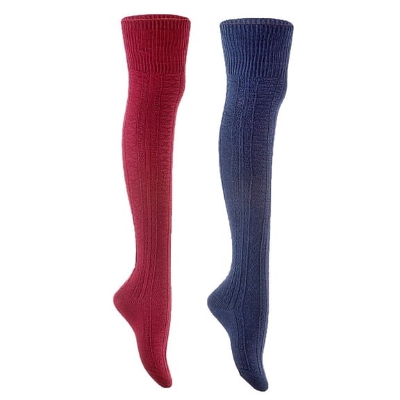 Lian Style Women's 2 Pairs Long Lasting, Colorful and Fancy Thigh High Over the Knee High Cotton Socks JMYP1025 Size 6-9 Wine, Navy