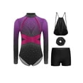 thumbnail image 3 of TTAO Gymnastics Leotards Outfits for Girls Long Sleeve Shiny Rhinestones Leotards with Shorts Scrunchie Drawstring Bag Purple 6, 3 of 5
