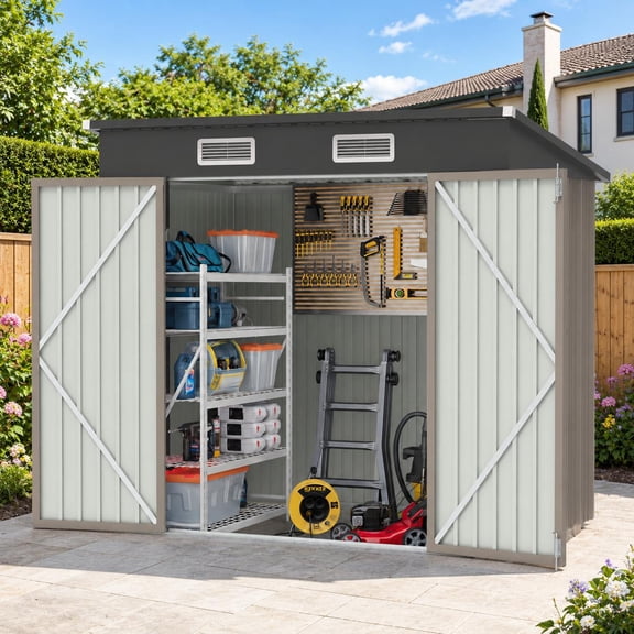 6' x 4' Outdoor Storage Shed, ENYOPRO Galvanized Metal Garden Tool Shed with Lockable Double Doors, Sloped Roof & Vent for Bike, Lawn Mower & Backyard Storage, Brown