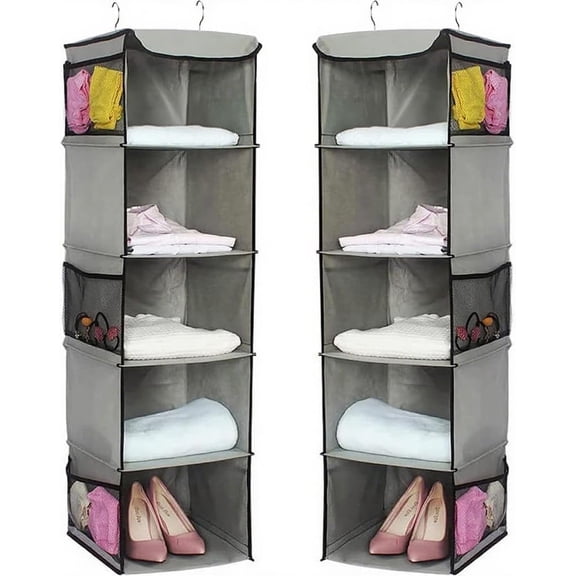 Hanging Closet Organizer, 5-Shelf Closet Organizers and Storage with 6 Side Mesh Pockets, Foldable Hanging Shelves for Clothes, Sweaters,Wardrobe, 2 Packs, Grey (12" x 12" x 46")