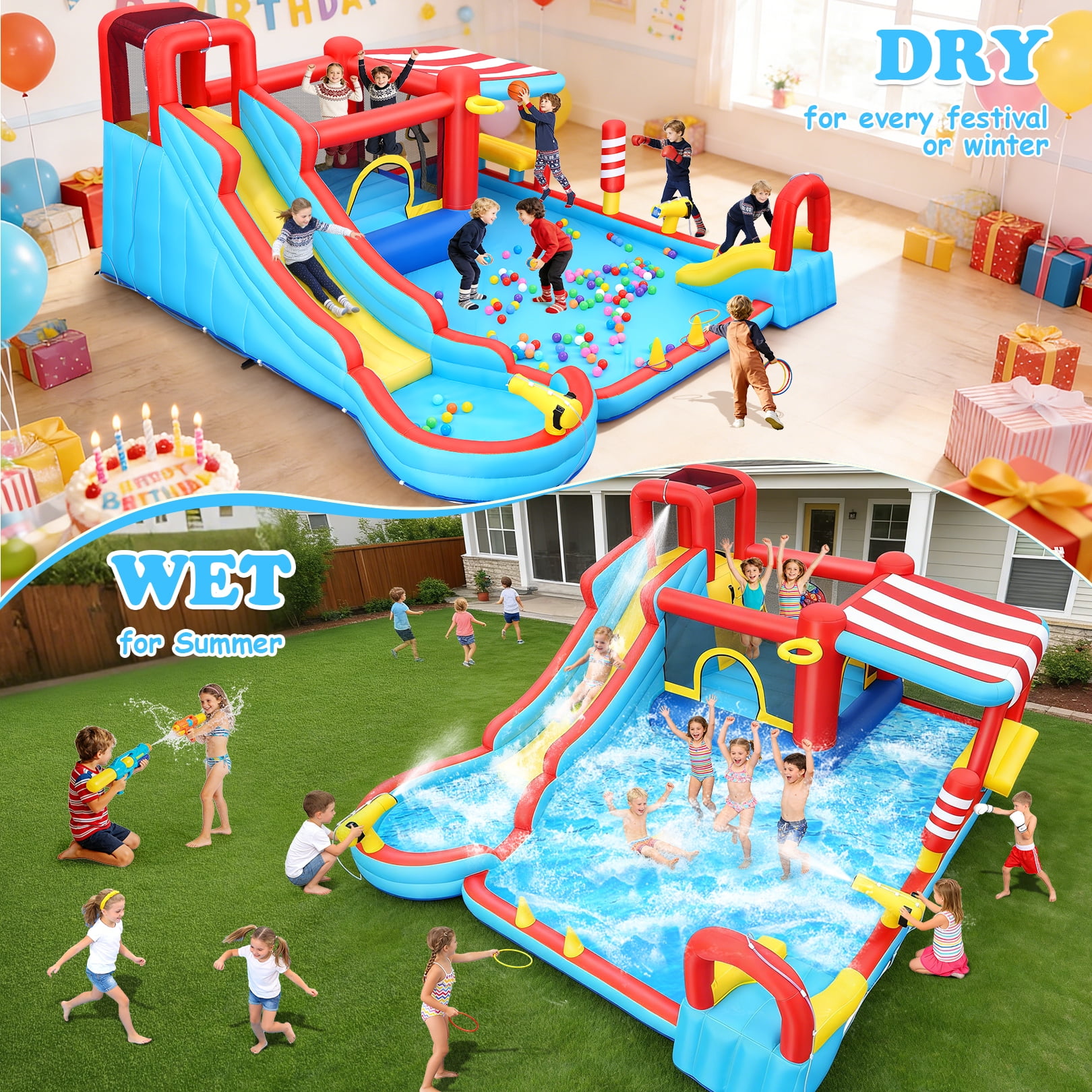 Veeboto Inflatable Water Slide with Dual Slides, Bounce House with Climbing Wall, Dual Ball Pools, Water Guns, Basketball Hoop and Punching Game, Indoor/Outdoor Kids Inflatable Castle with Blower