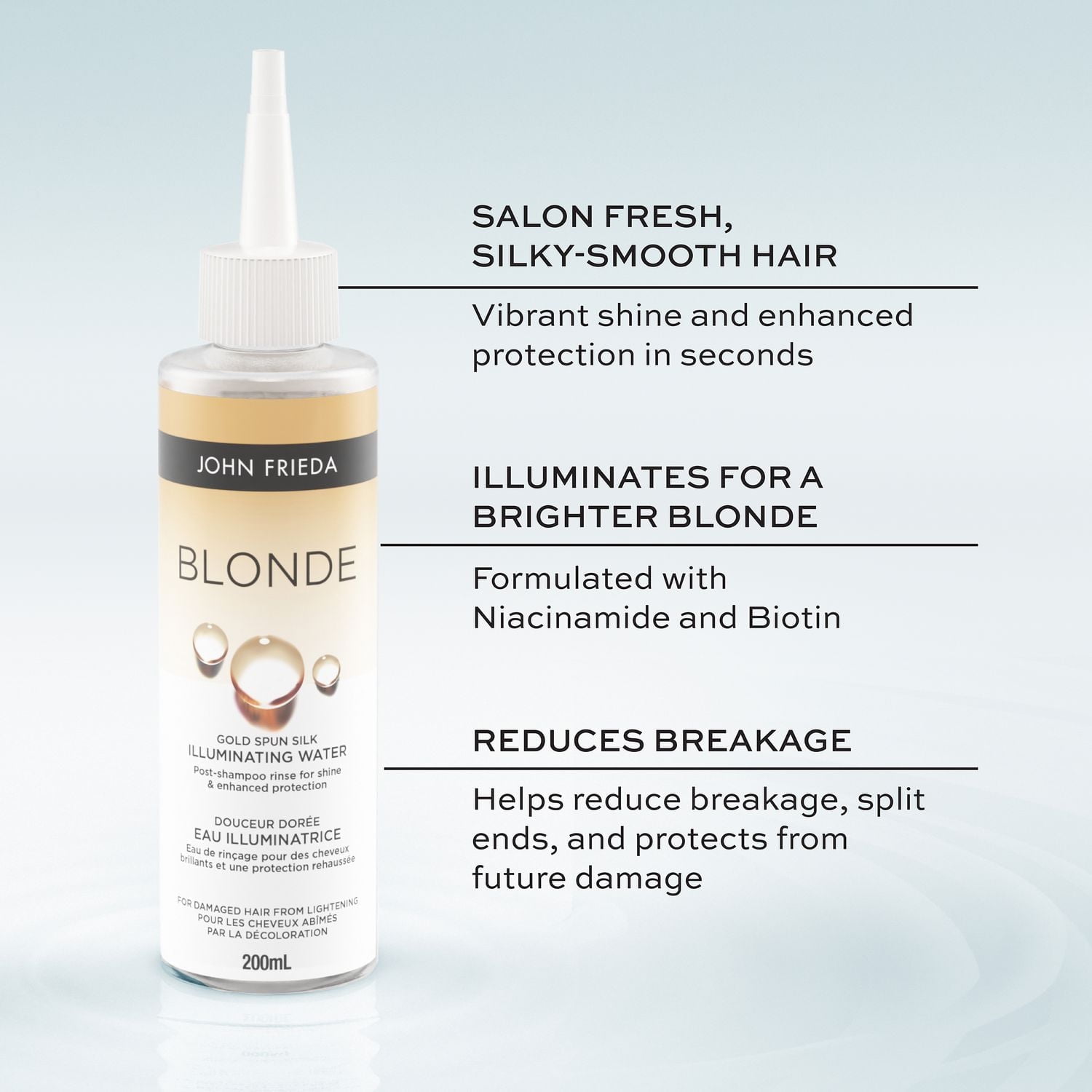 John Frieda Blonde Douceur Dorée Eau Illuminatrice, eau de rinçage pour des cheveux blonde brillants et une protection rehaussée, 200 mL
