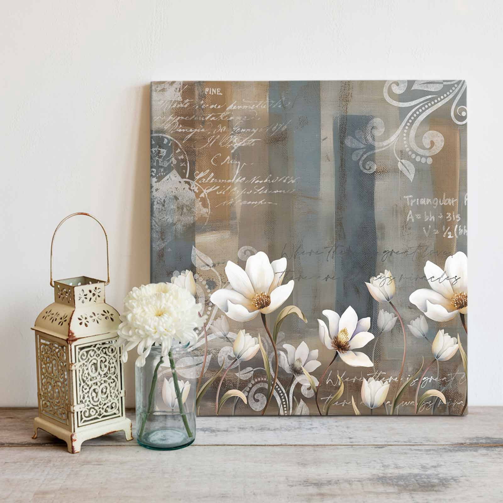 Abstract Retro Flowers Framed Canvas Wall Art, Art White Floral Blue Brown Mottled Wall Art Painting for Living Room Bedroom Home Decor, 16”x16”, Office Artwork Print