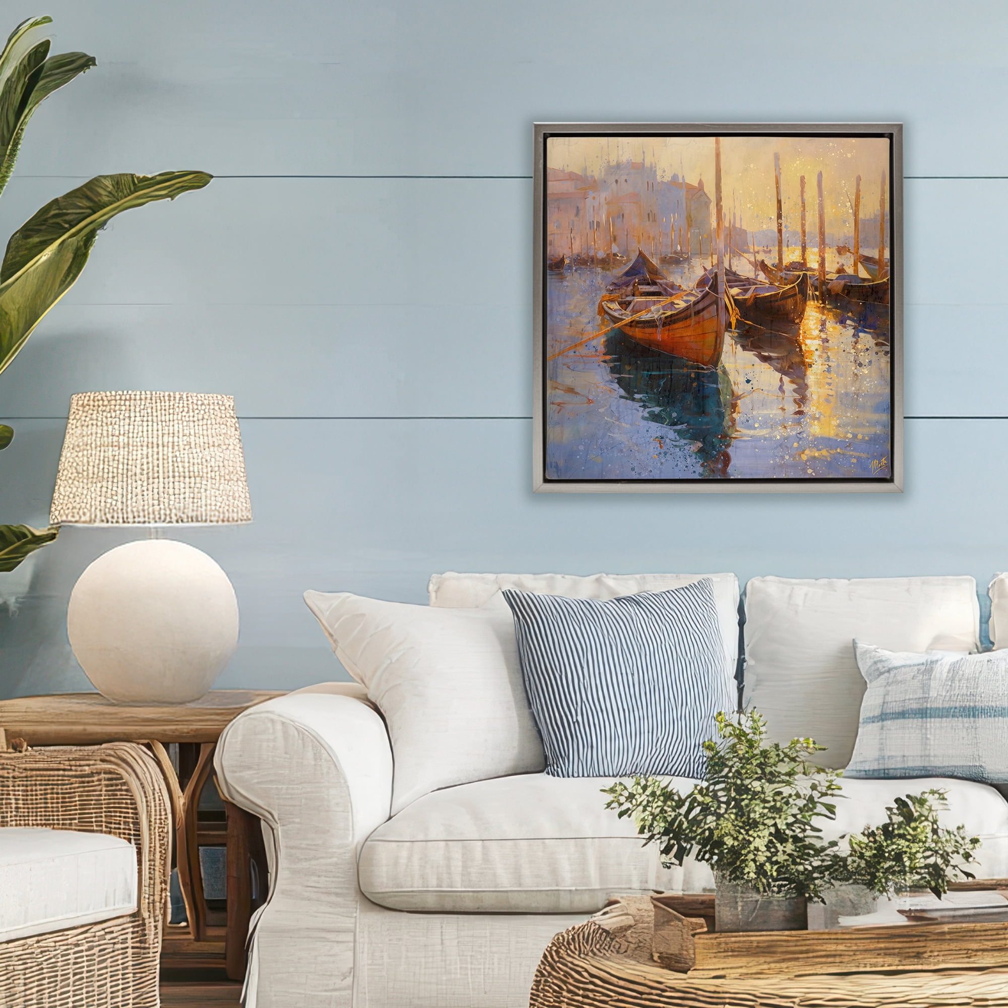Stupell Industries Speckled Venice Boats Gray Framed Floater Canvas Wall Art, design by Marta Wiley