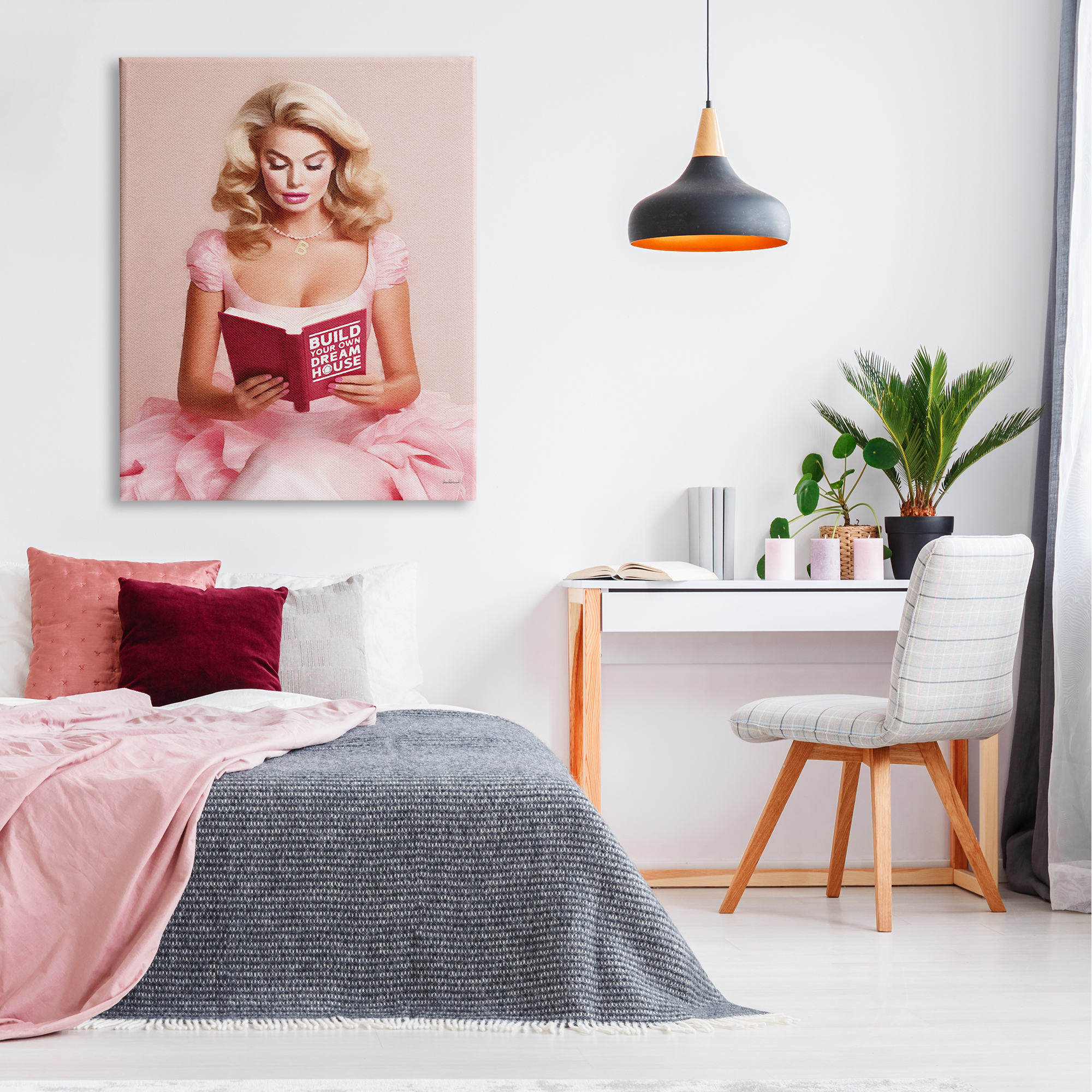 Stupell Industries Girl in Pink Reading Literature & Flim Painting Gallery Wrapped Canvas Art Print Wall Art, 36 x 48