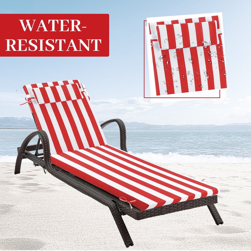 Outdoor Chaise Lounge Cushion, High-Density Foam Fill Patio Furniture Bench Cushions with Ties, Thicken Waterproof Replacement Back Chaise Cushions for Pool, Sand Beach (Red White Stripes)