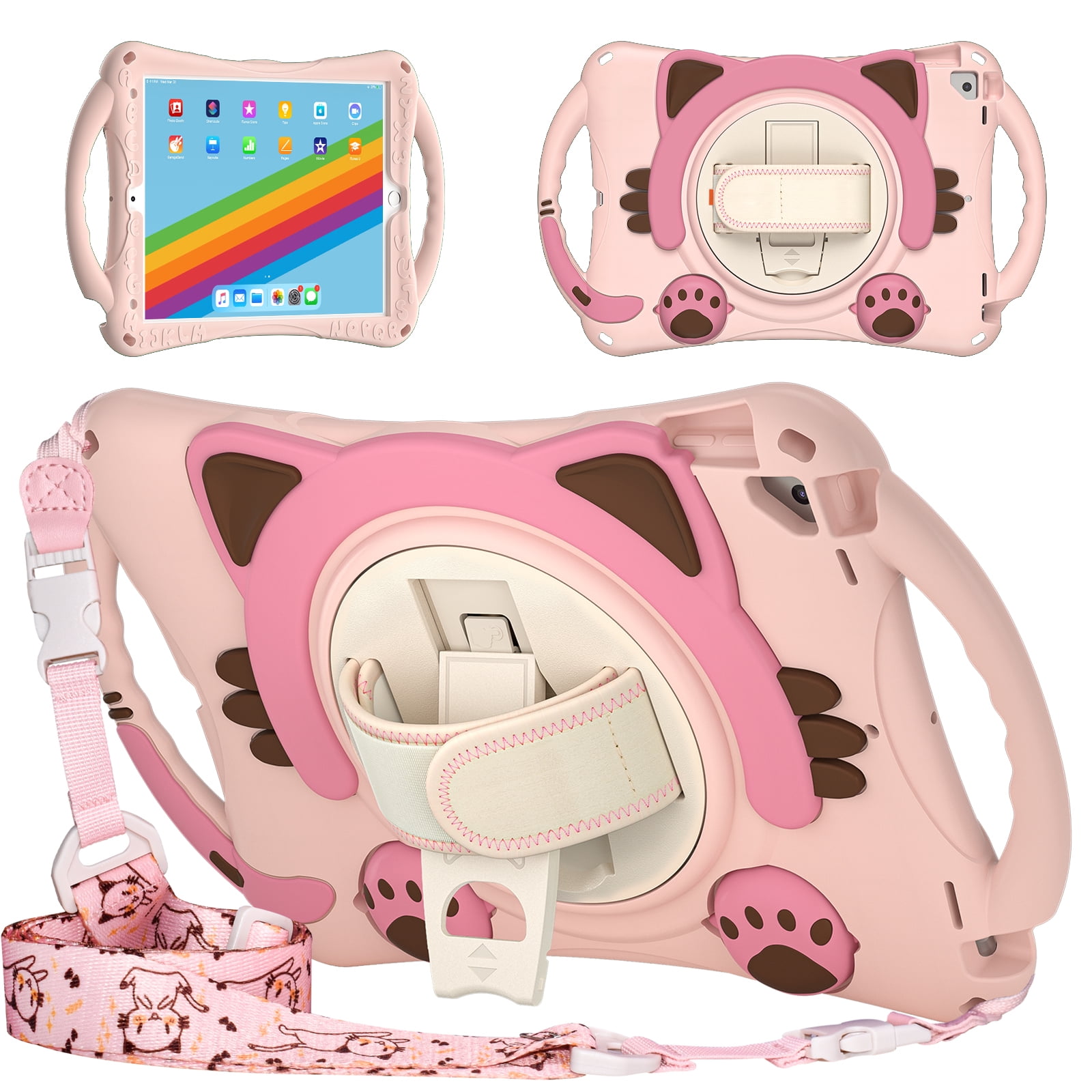 KIQ Child Cat Silicone Cover with Kickstand and Strap, Shield Case for iPad 10.2 inch, Pro 10.5/Air 10.5 - Pink