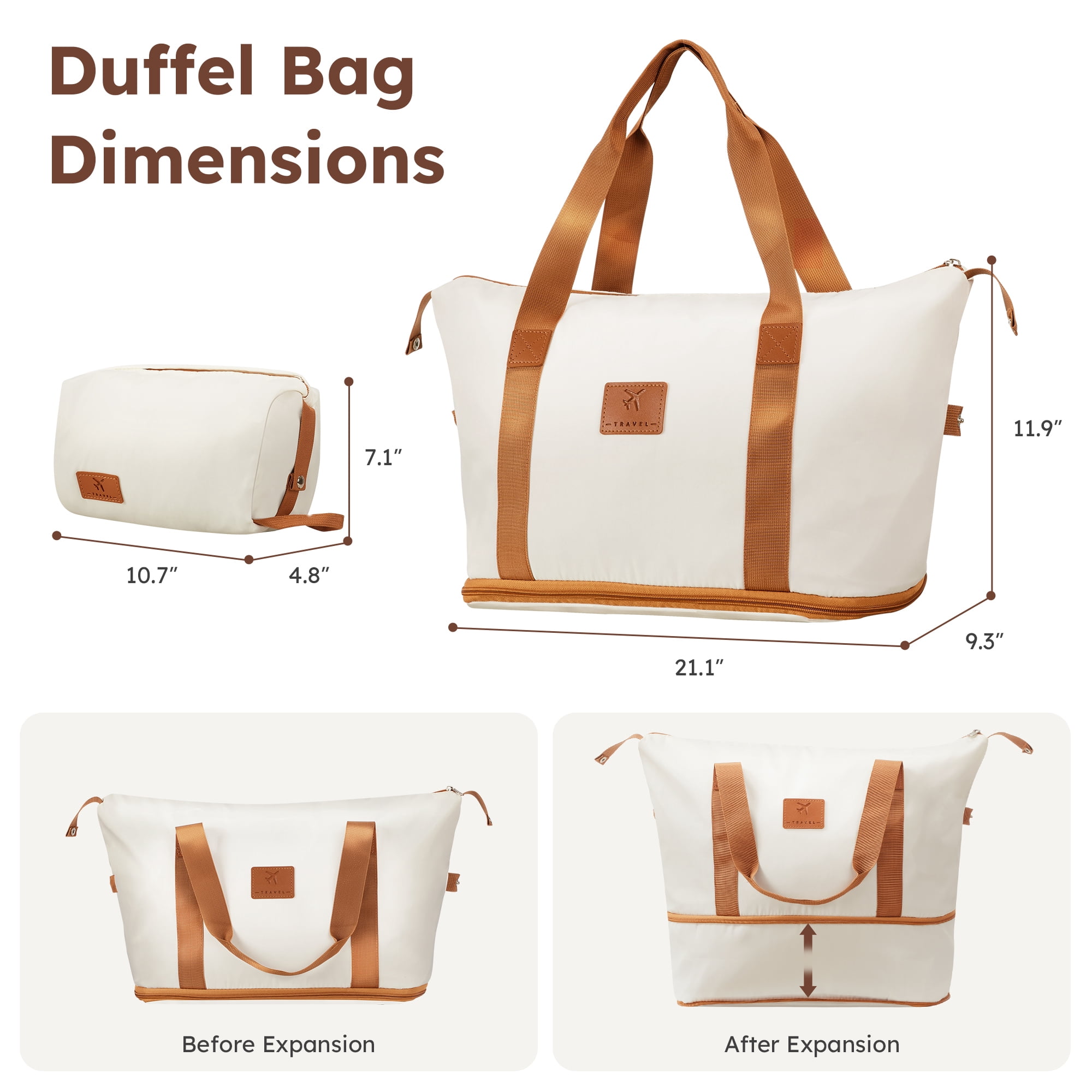 5 Pcs Travel Luggage Sets, 20 24 28 inch Carry-on and Checked Suitcase with Expandable Duffle Bags, White Tan