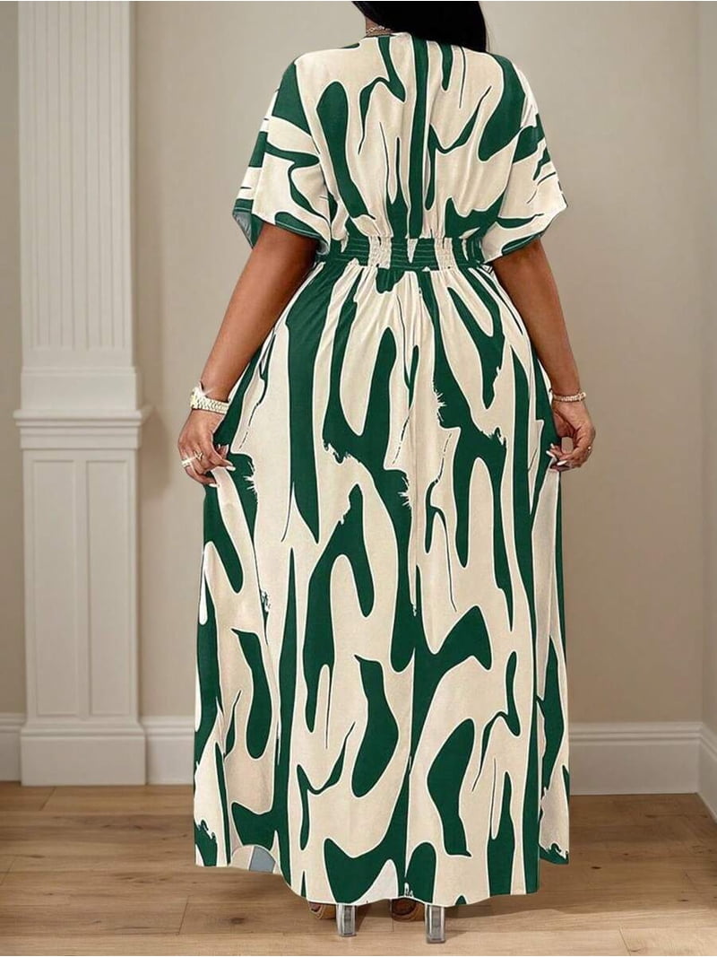 Plus Size Green And Cream Abstract Print Wrap Maxi Dress With Batwing Sleeves, Casual Resort Elegant Summer