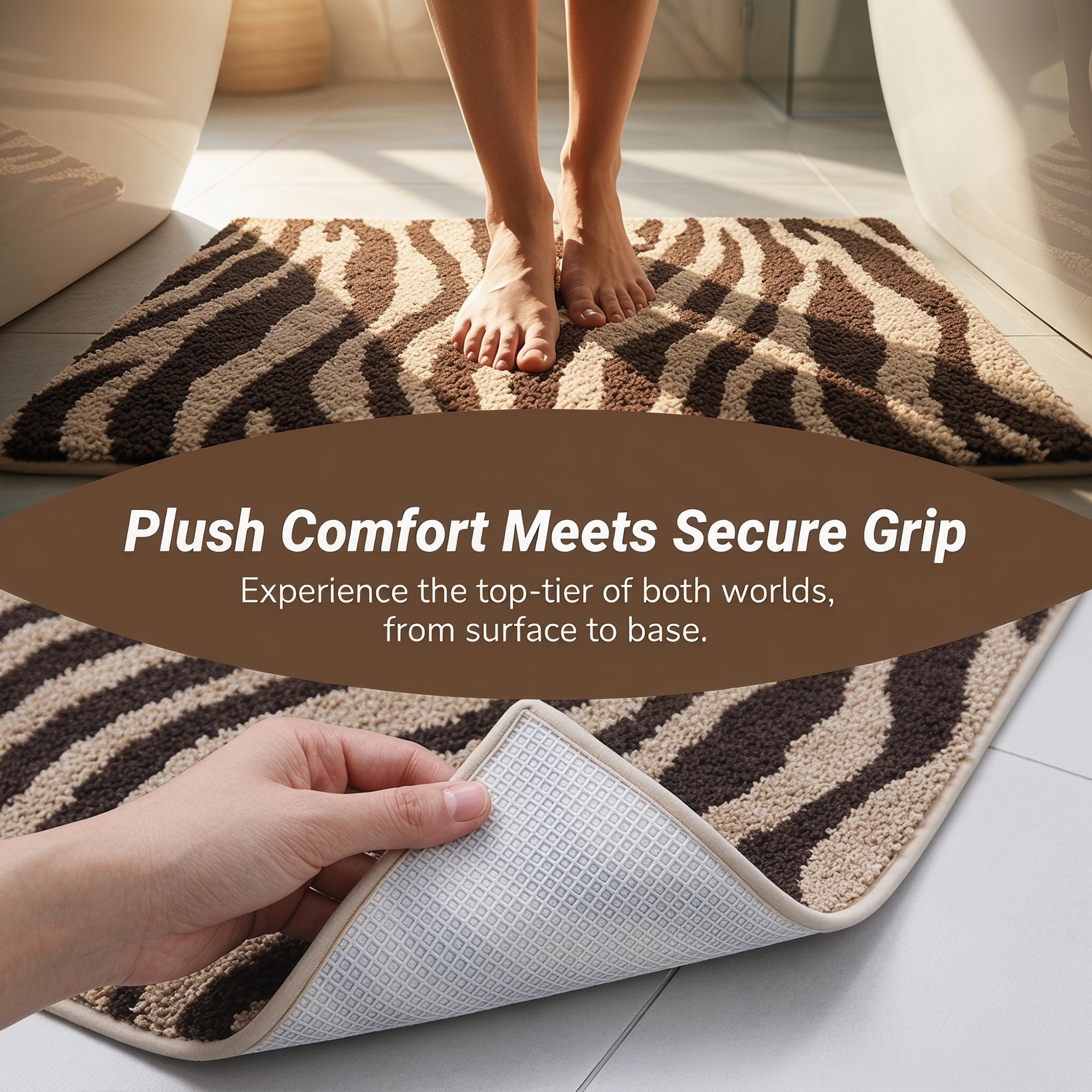 Unique Bargains Zebra Print Absorbent Non Slip Machine Washable Bath Mat Brown 32" x 20"