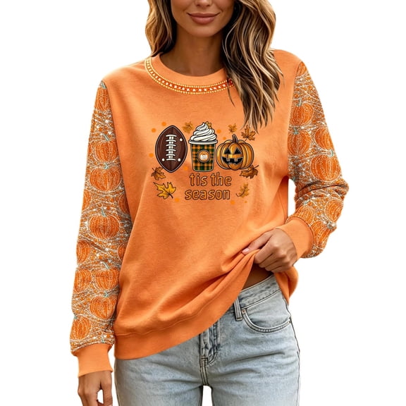 Women's Thanksgiving Sweatshirt Pumpkin Graphic Crew Neck Long Sleeve Print Pullover Casual Fall Holiday Tops
