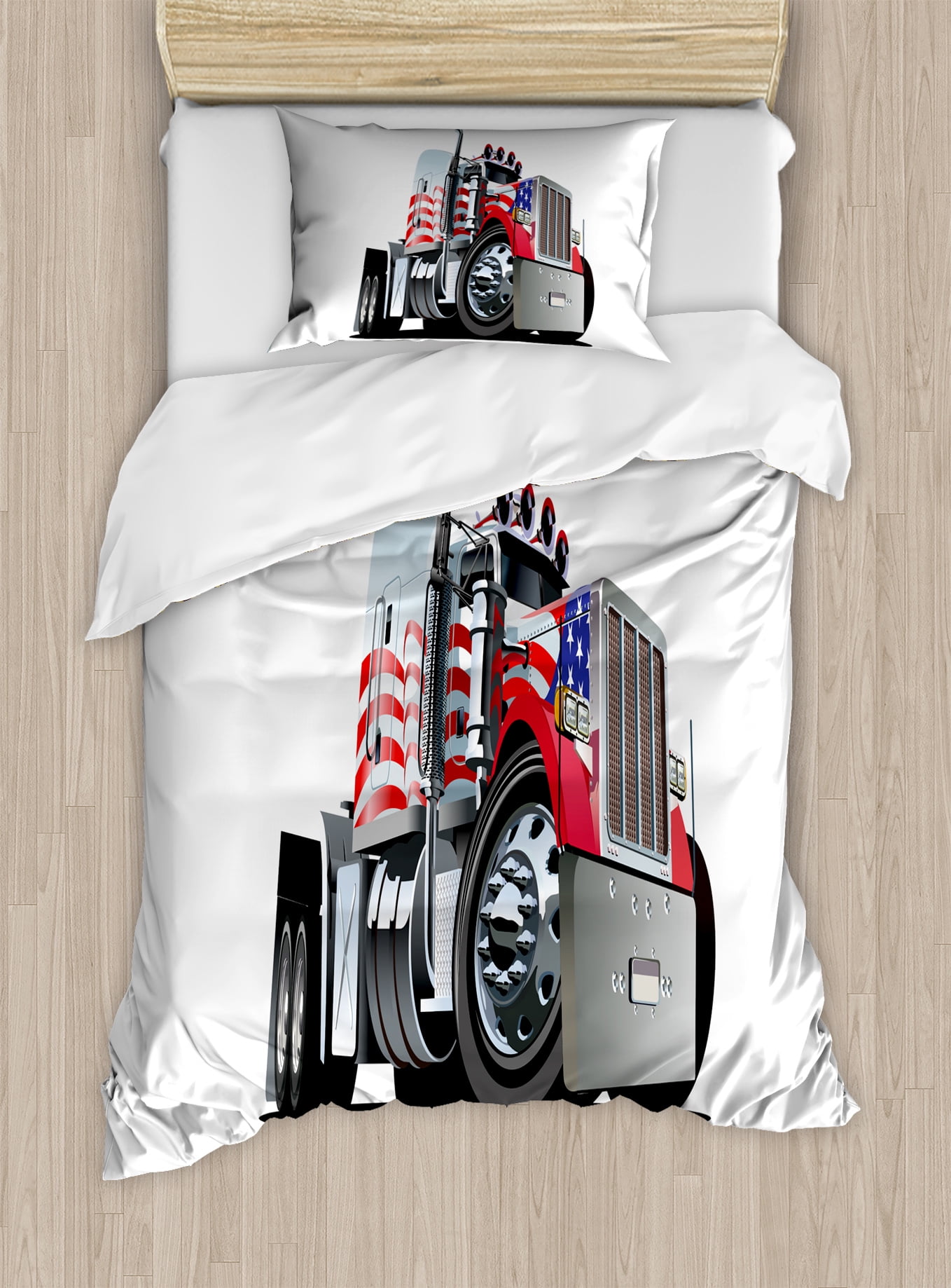 Truck Duvet Cover Set American Flag Themed Semi 18 Wheeler Truck Duvet Cover Set American Flag Themed Semi 18 Wheeler Patriotic Transportation Industrial Vehicle Decorative Bedding With Pillow Shams