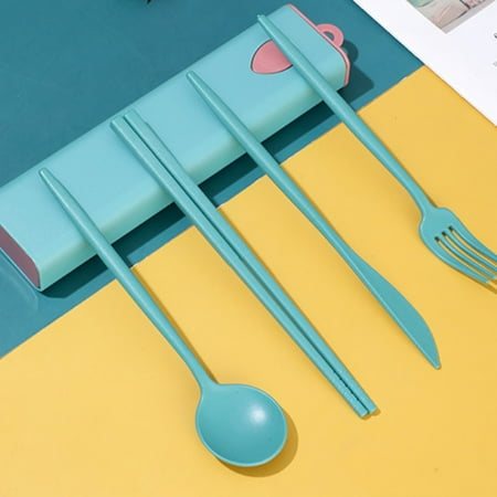 

GNFQXSS Push Button Fingerprint Straw Cutlery Set Students Outdoor Travel Portable Pull Out Box Knife fork Spoon Chopsticks Cutlery Green