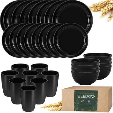 IBEEDOW 32pcs Wheat Straw Dinnerware Sets, Plastic Plates and Bowls Sets, Dinner Plates Set, Pasta Bowls, Cereal Bowls, Dishwasher Microwave Safe Plates and Bowls Sets, Kitchen Dishes Set