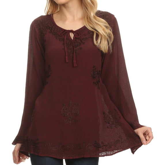 Sakkas Seena Long Sleeved Eyelet Adjustable Straps Embroidered Blouse Shirt Top - Burgundy - L/XL