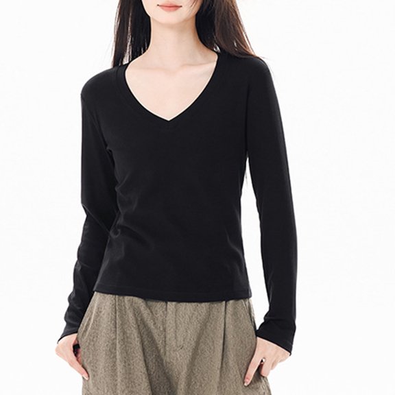 Enjoytime Winter Blouses for Women 2025 Solid Color V-Neck Long Sleeve Shirts Casual Loose Trendy Fall Tops Black L