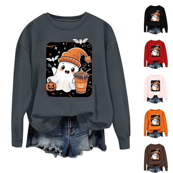 VKOYWKM Halloween Sweatshirts for Women Oversized Pumpkin Ghost Graphic Sweatshirt Party Tops Fall Long Sleeve Crewneck Sweatshirts Cute Spooky Halloween Sweatshirt