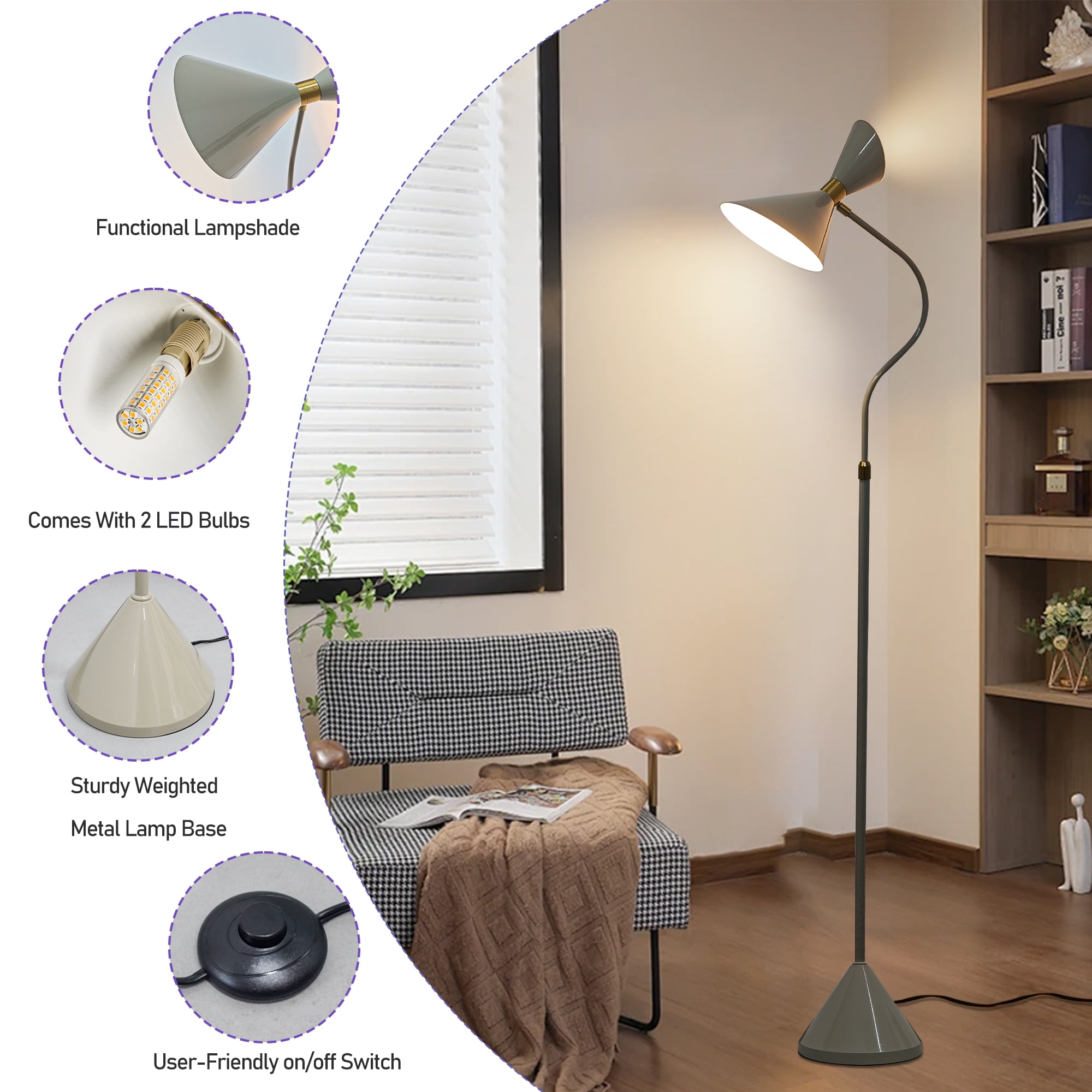 GCGAFUL Modern 70.4-Inch Floor Lamp for Living Room, Foot Switch Tall Standing Lamp with 2 LED Bulbs, 3000K Warm Light for Bedroom, Kids Room, Corners