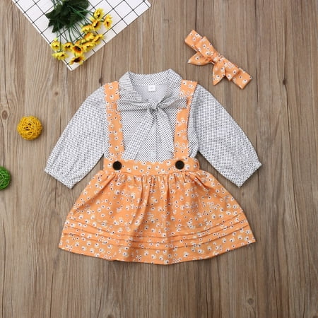 

3PCS Kids Baby Girl Clothes Dots Long Sleeve Tops+Flower Strap Skirt Outfits Set