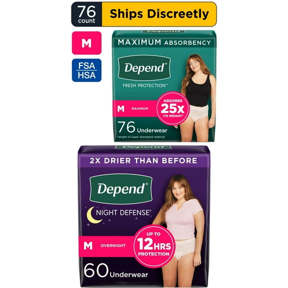 Depend Fresh Protection (76ct)& Night Defense (60ct) Incontinence Underwear for Women, Adult Diapers, M