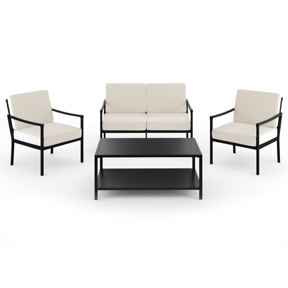 Martha Stewart 4-Piece Indoor-Outdoor Conversation Set with Loveseat, 2 Chairs, and Coffee Table with Steel Frames in Black with Cream All-Weather Cushions