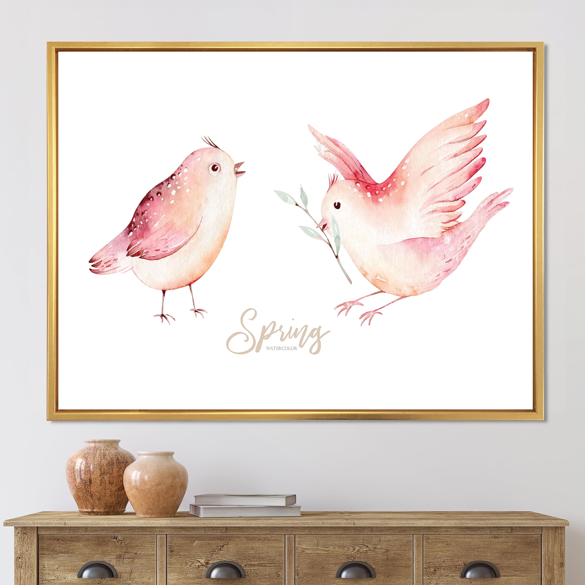 Designart 'Spring Bird With Green Leaves On White' Traditional Framed Canvas Wall Art Print