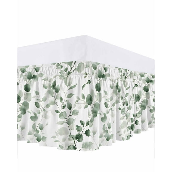 Green Eucalyptus Leaf Bed Skirt King Size 16" Drop Watercolor Farm Plant Ruffled Wrap Around Bed Skirts Adjustable Elastic Bedskirt Dust Ruffle for King Size Bed