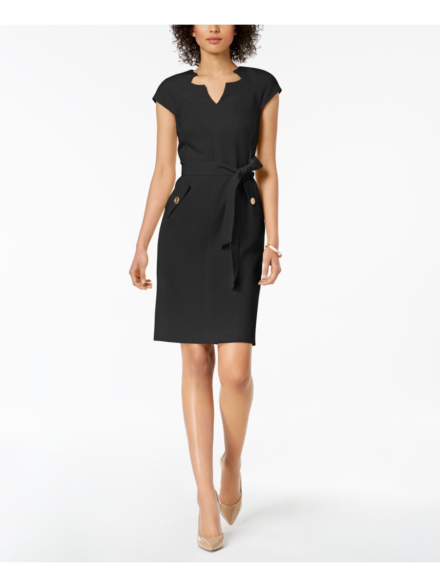 black v neck knee length dress