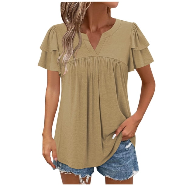Camisetas Casuales de Manga Corta de las Mujeres con Cuello en V, Cuello Redondo, Color Sólido Blusa Ligera de Poliéster