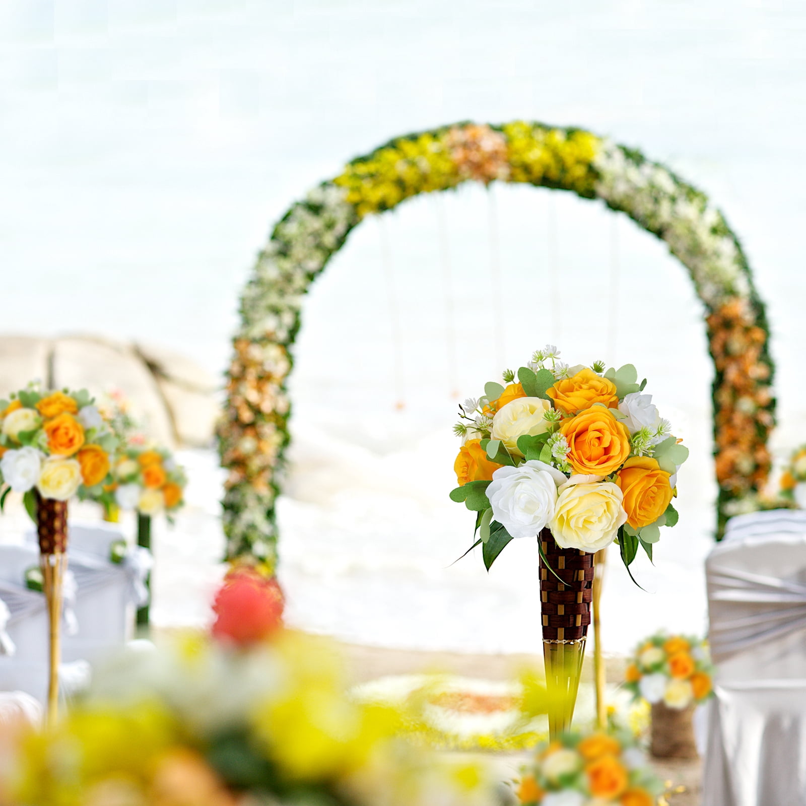 Flower Wedding Centerpieces for Tables -6pcs Artificial Flowers Silk Roses Ball Orange White Fake Kissing Floral Balls 10.6inch for Birthday Chrismas Party