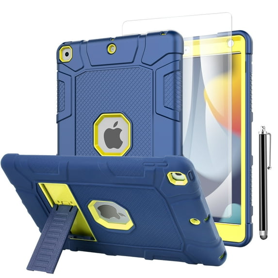 For iPad 9th Generation 10.2" Case Shockproof Heavy Duty Protective Cover+Screen Protector (Yellow/Blue)