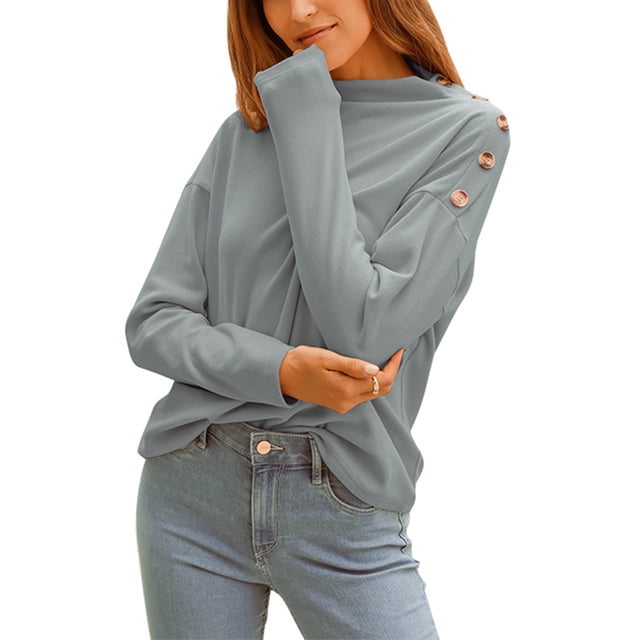 Suéter holgado de cuello redondo cómodo para mujer, suave y transpirable, talla M, blusa gris de manga larga