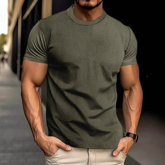 pstuiky camisetas camisas para hombre, Camiseta deportiva informal elástica de manga corta con cuello redondo para hombre, color liso camisetas de hombre xxxl