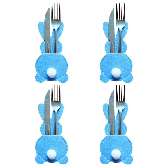 Set of 4 Bunny Flatware Holders - Easter Cutlery Bags with Tail, Cute Bunny-Shaped Utensil Holders for Table Decoration, Easy to Slide in Knives and Forks, Perfect for Easter Party Dinner(Blue)