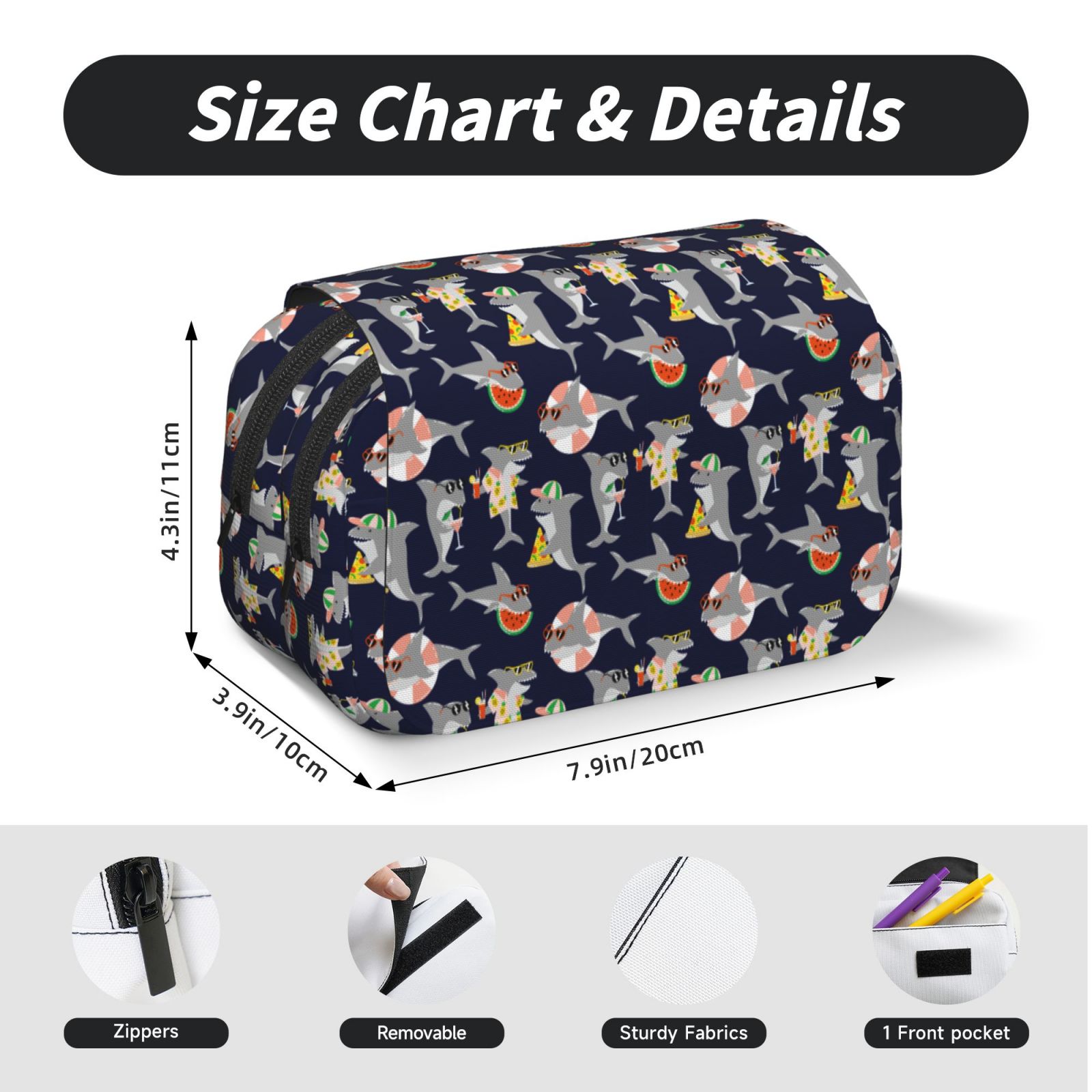 Rateoe Sharks In Sunglasses Pattern Double Clamshell Pen Case, Storage Organizer with Two Zipper Compartments– Holds Up to 50 Pencils & Pens