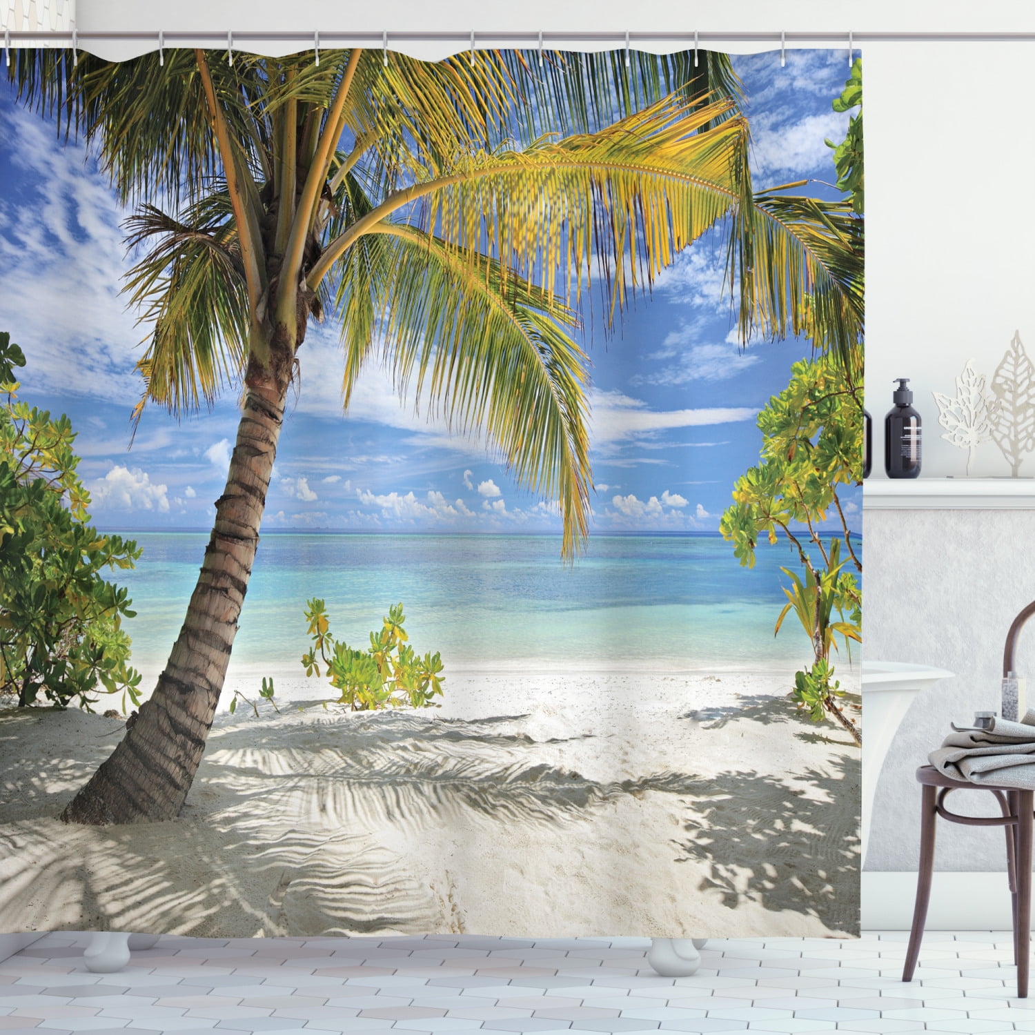Scenery Decor Shower Curtain, Tropical Sandy Beach with Palm Trees ...