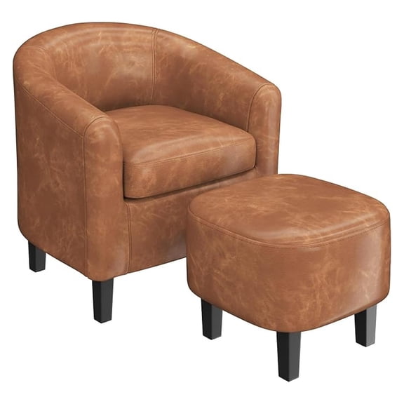 Accent Chair with Ottoman Footstool, PU Leather Modern Upholstered Soft Chair, Comfy Club Armchair and Footrest Set for Living Room/Bedroom/Reading Room/Guestroom, Brown