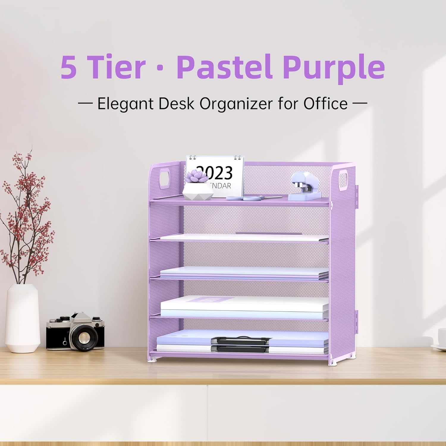 INTIGE 5-Tier Metal Desk Organizer with Handle, File Organizer, Purple, 1 Piece