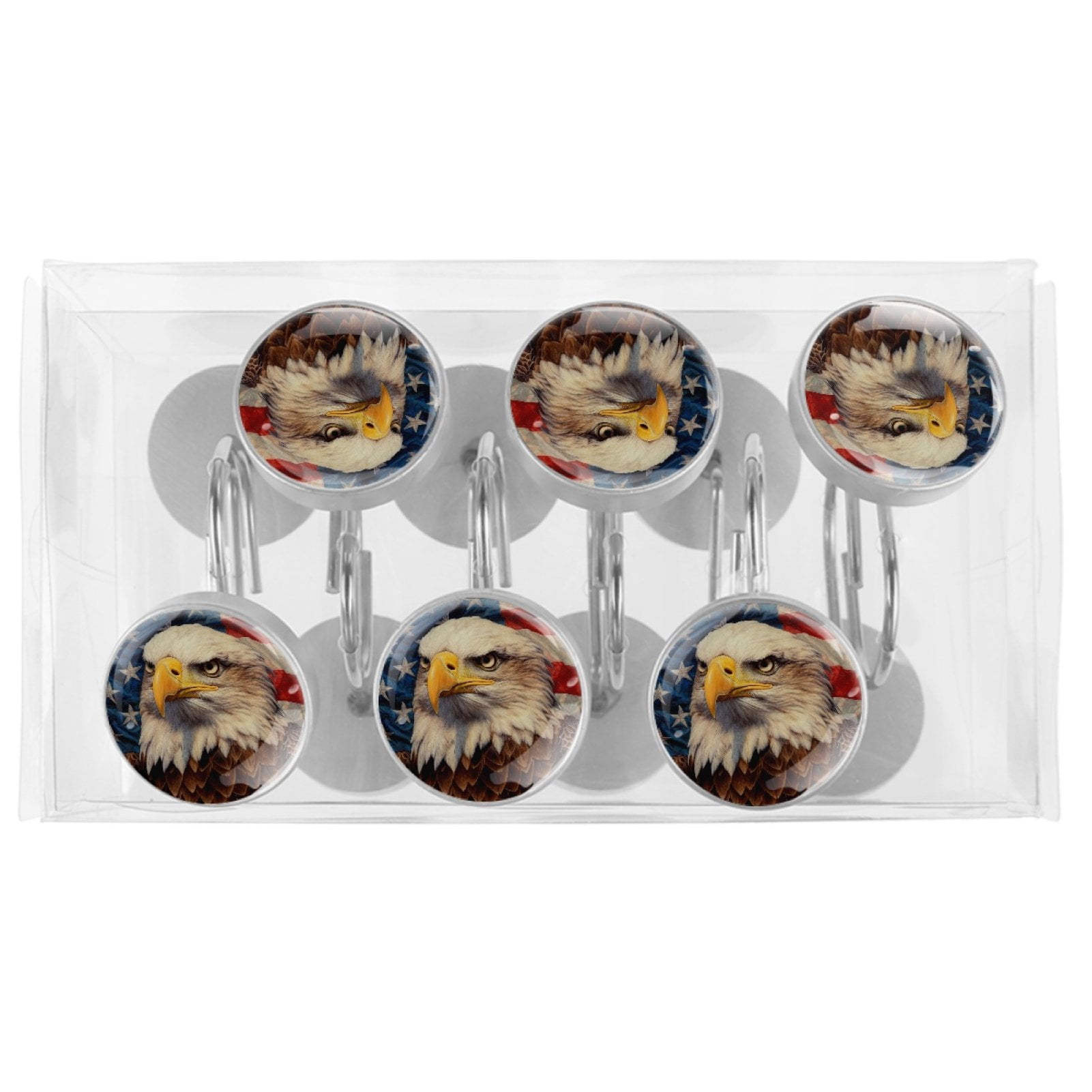 Eagle and American Flag Shower Curtain Hooks （Set of 12） for Home Hotel Shower Rods Bathroom Crystal Glass Print Stainless Steel Round Curtain Hooks