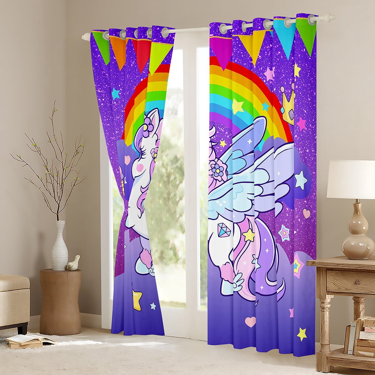 Erosebridal Cartoon Animal Unicorn Curtains Pack of 2(38x45),Rainbow Stars Print Black Out Curtains,Dreamy Purple Curtains for Living Room,Super Cozy Room Decorative