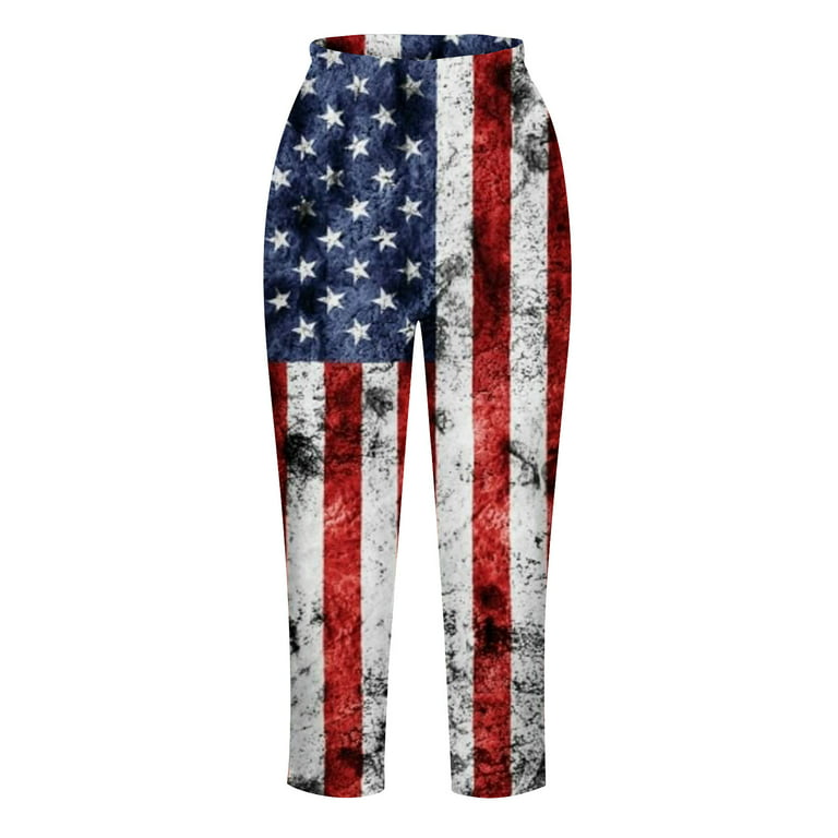Meichang Womens July 4th Capri Pant American Stars and Stripes Print Slim 3/ 4 Trousers Elastic High Waist Patriotic Below Knee Short 