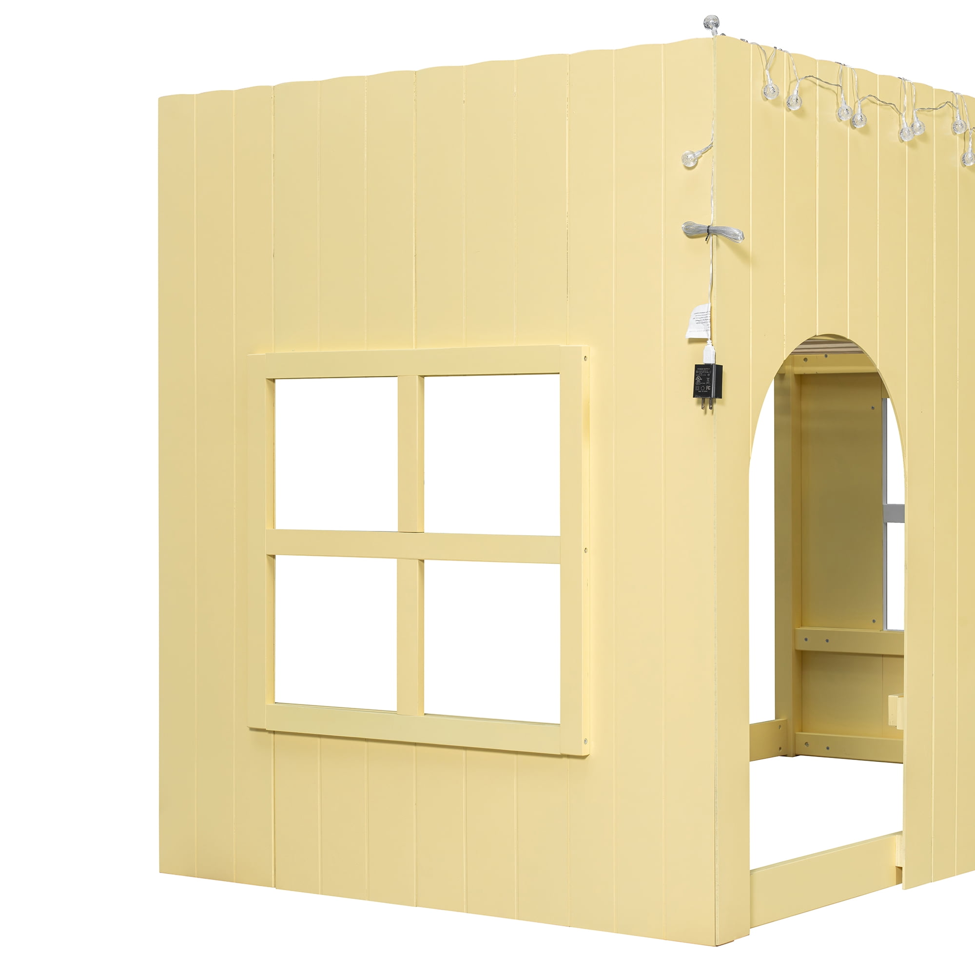 Mintazer Twin House Loft Bed with LED Lights, Kids Playhouse Bed with Ladder, Yellow