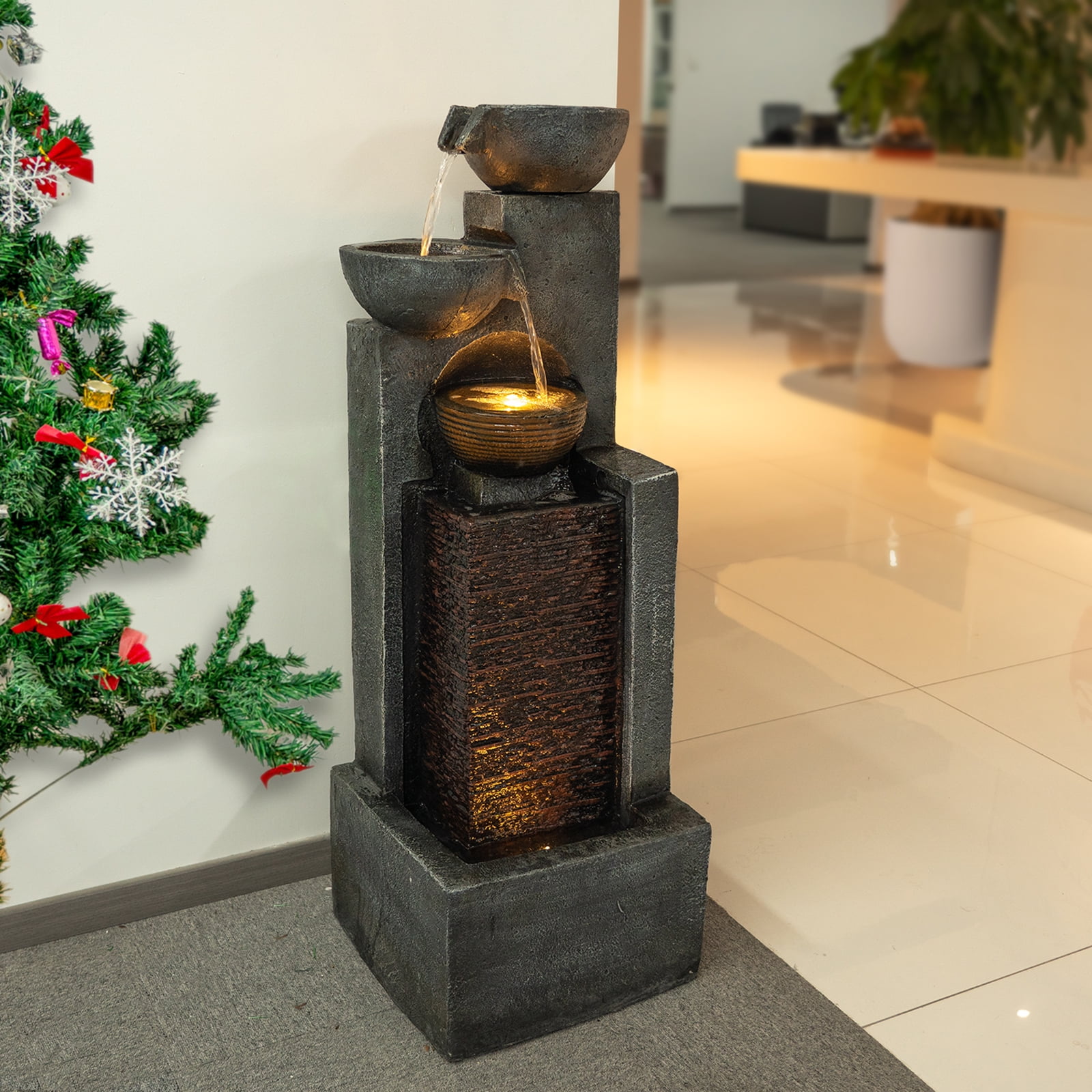 42.91" H Water Fountain Outdoor Garden Waterfall Fountains Indoor Bowl Cascading Water Feature with Led Lights 4-Tier for Home Deck Patio Porch Yard Decor