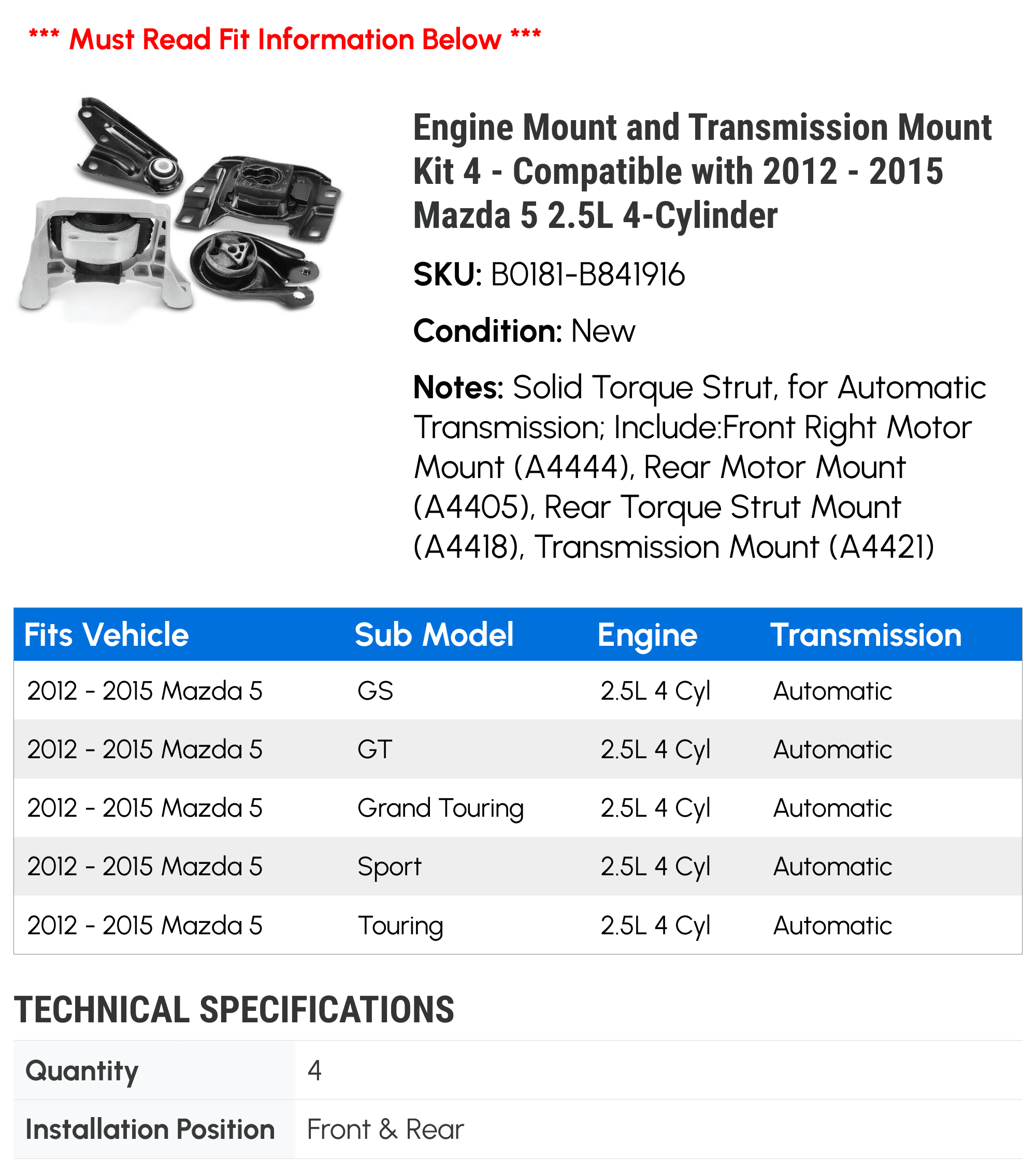 Engine Mount and Transmission Mount Kit 4 - Compatible with 2012 - 2015 Mazda 5 2.5L 4-Cylinder - Autopart Premium