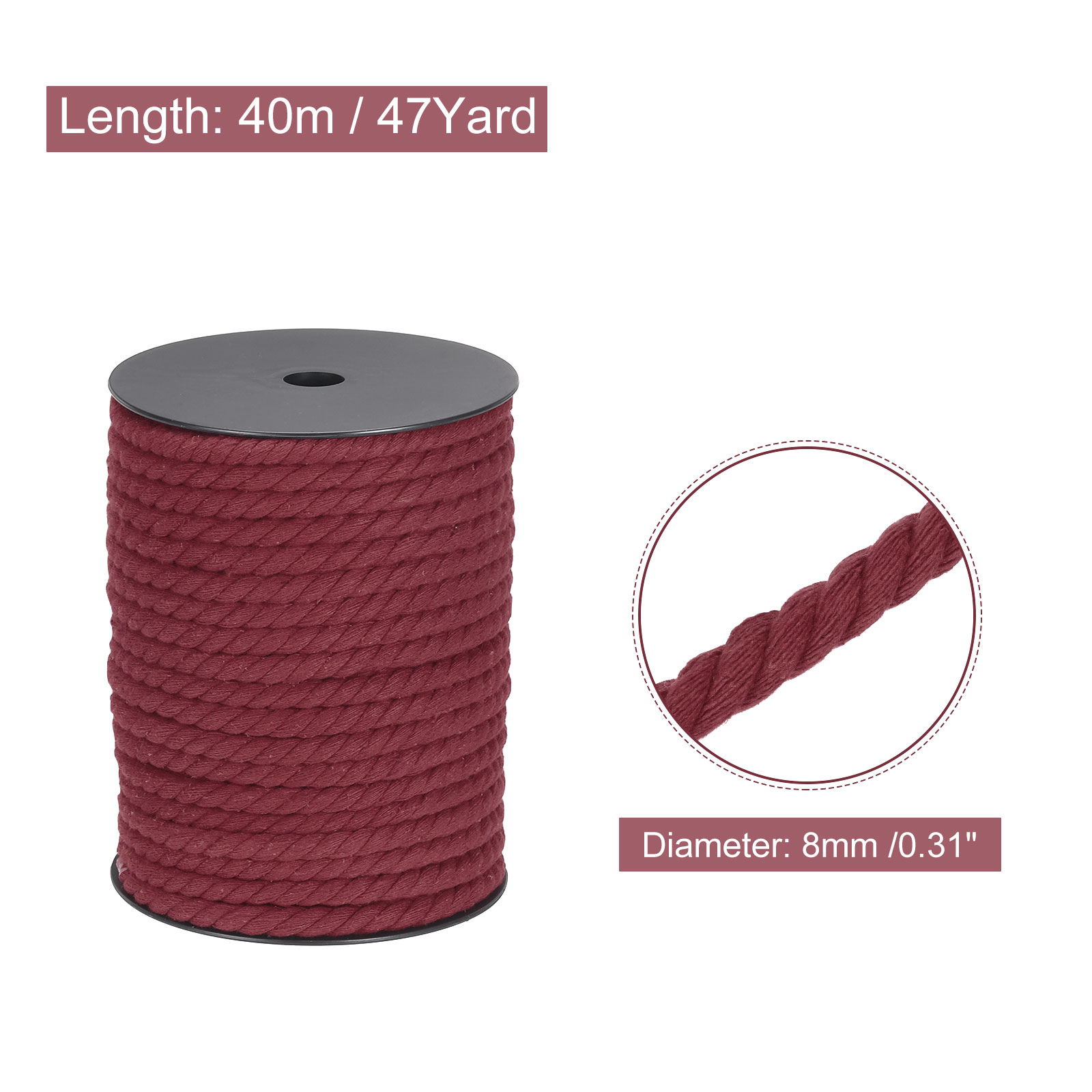 Cotton Rope 3 Strand Twisted Braided Rope Cord, Wine Red 40m/47 Yard 8mm Dia for Wall Hanging, Plant Hanger
